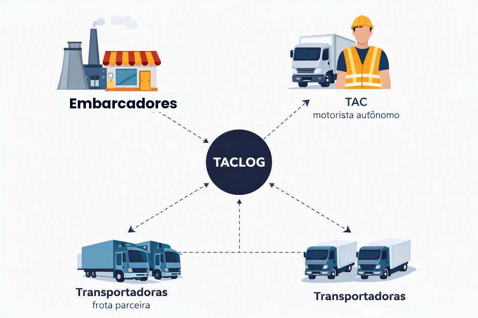 Diagrama mostrando o TACLOG conectando Embarcadores, Motoristas TAC autônomos e Transportadoras parceiras